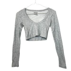 Garage Heather Ribbed Plunge-neck Stretch Long Sleeve Cropped Top Gray XS